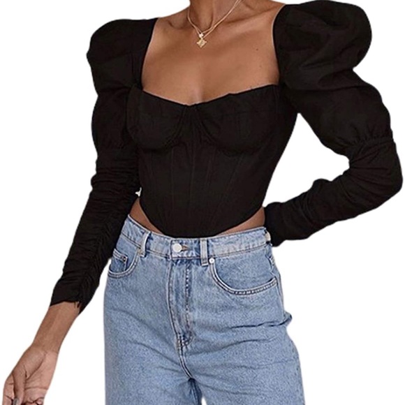 Corset Crop Top Elegant Fall Cloth Puff Sleeve Bustier Square Neck Shirt - Picture 4 of 5